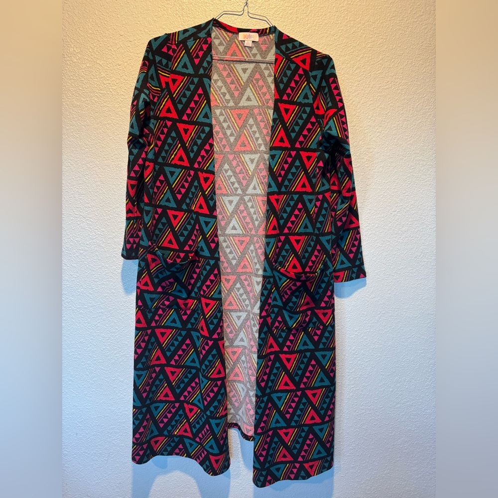 LUC sz. L LuLaRoe Multicolor Geometric tribal long cardigan